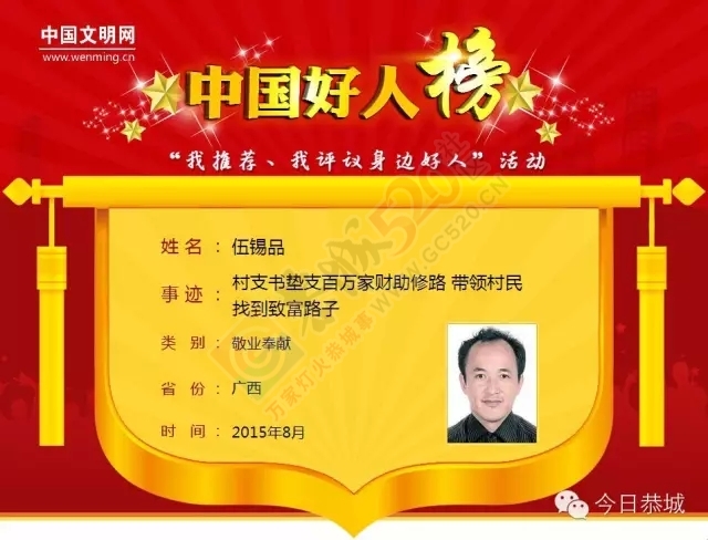 我县大地村伍锡品入选8月“中国好人榜”826 / 作者:社区小编 / 帖子ID:120880