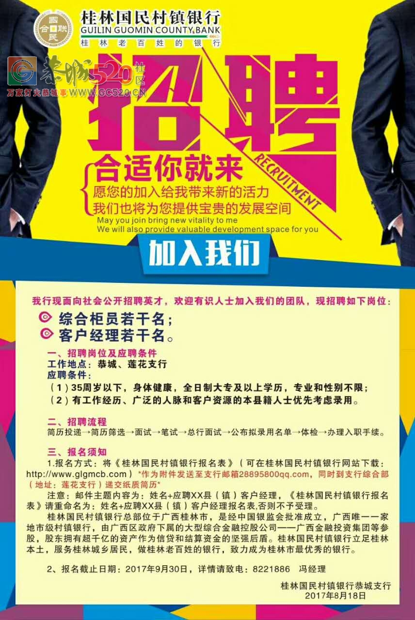 桂林国民村镇银行恭城支行招聘综合柜员、客户经理845 / 作者:分类小编 / 帖子ID:236077