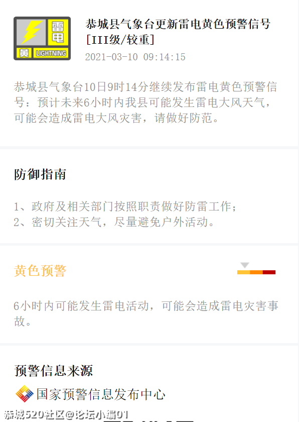 恭城县气象台10日9时14分继续发布雷电黄色预警信号276 / 作者:论坛小编01 / 帖子ID:283169
