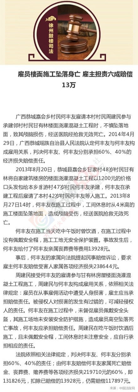 嘉会乡雇员楼面施工坠落身亡 雇主担责六成赔偿13万181 / 作者:美丽的梦花 / 帖子ID:106144