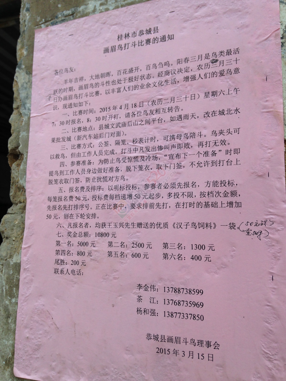 恭城县画眉鸟打斗比赛通知265 / 作者:红通通 / 帖子ID:113402