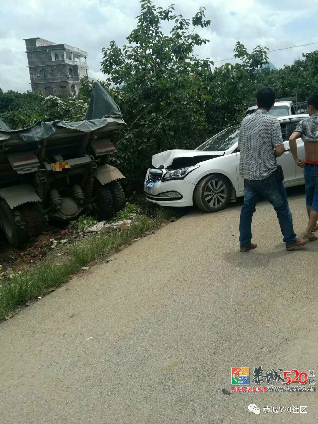 危险！大车与小车在恭城红岩一转弯处相撞，直接冲下路旁果园712 / 作者:花开似花落、 / 帖子ID:262904