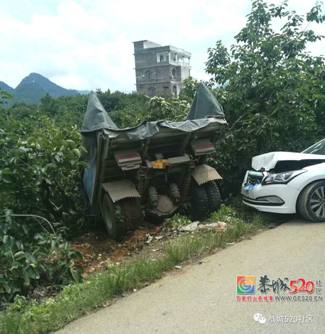 危险！大车与小车在恭城红岩一转弯处相撞，直接冲下路旁果园367 / 作者:花开似花落、 / 帖子ID:262904