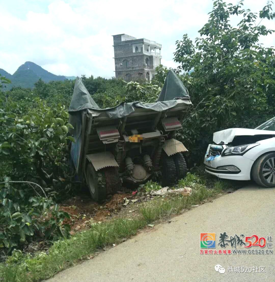 危险！大车与小车在恭城红岩一转弯处相撞，直接冲下路旁果园245 / 作者:花开似花落、 / 帖子ID:262904