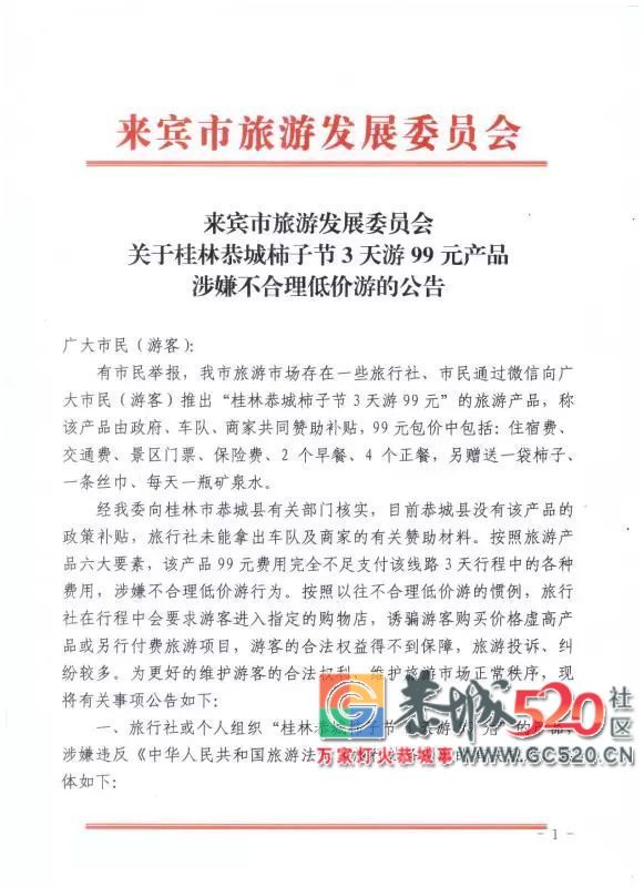 关于“桂林恭城柿子节3天游99元”产品涉嫌不合理低价游的公告591 / 作者:山路十八弯 / 帖子ID:266185