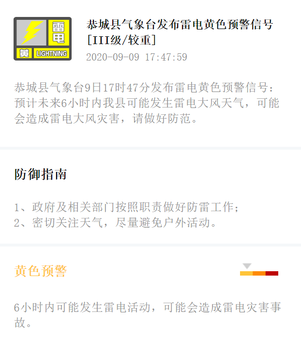 恭城县气象台9日17时47分发布雷电黄色预警信号520 / 作者:论坛小编01 / 帖子ID:276696