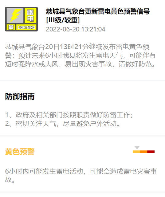 恭城县气象台20日13时21分继续发布雷电黄色预警952 / 作者:论坛小编01 / 帖子ID:296568