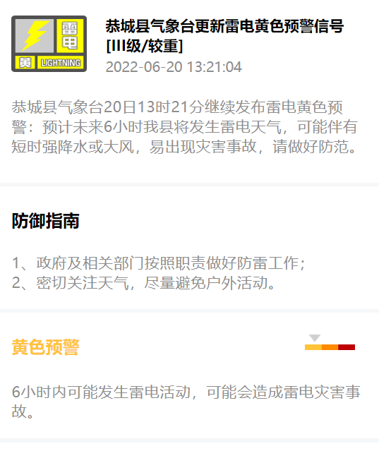 恭城县气象台20日13时21分继续发布雷电黄色预警830 / 作者:论坛小编01 / 帖子ID:296568