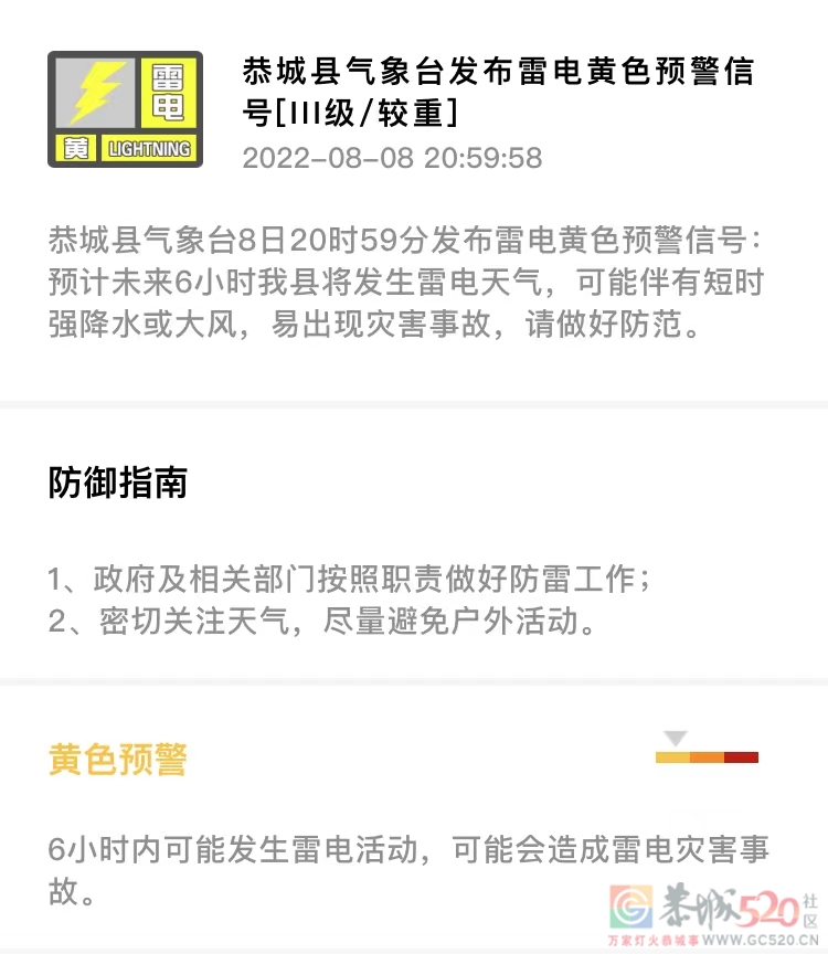 恭城县气象台8日20时59分发布雷电黄色预警信号878 / 作者:论坛小编01 / 帖子ID:298248