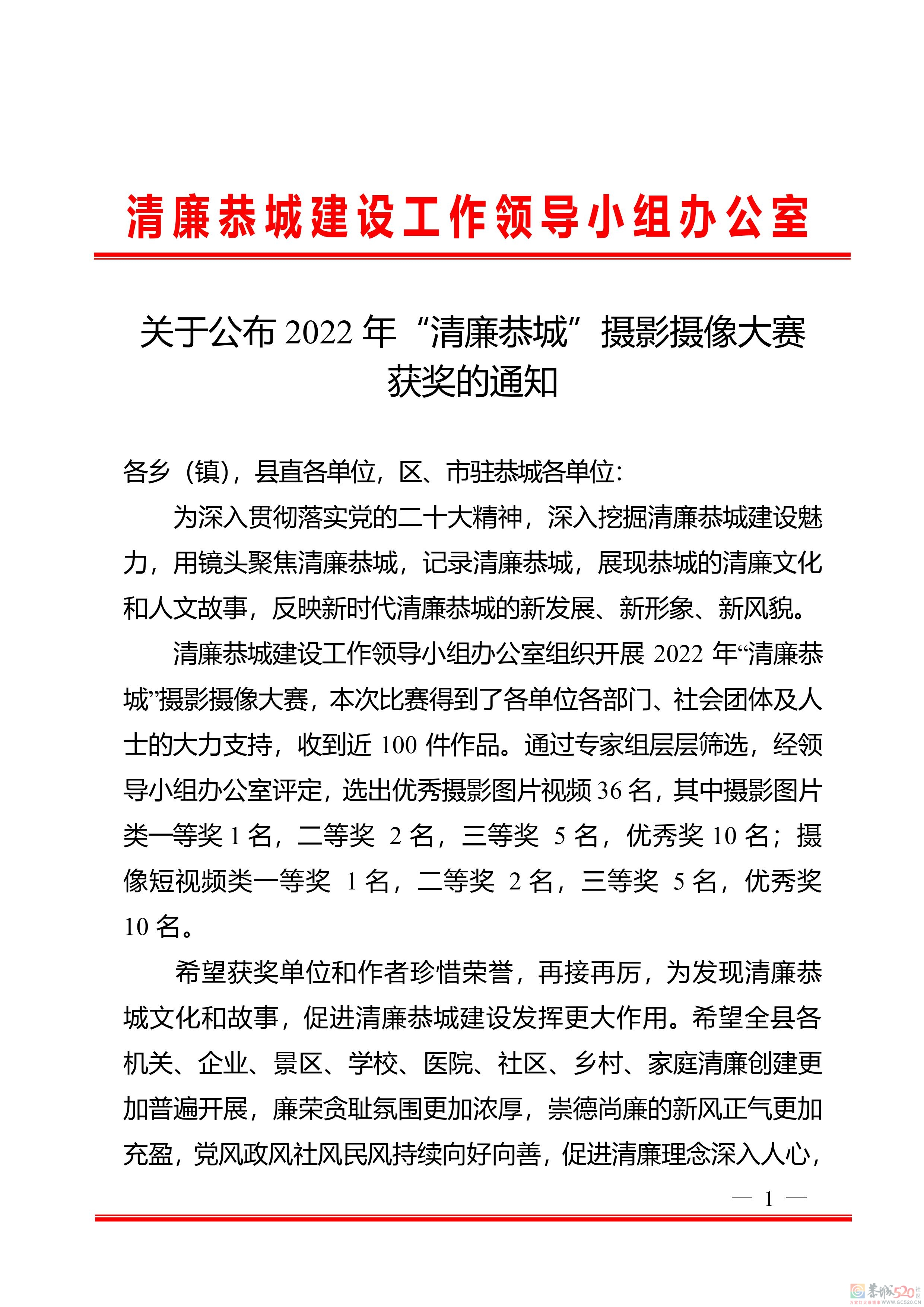关于公布2022年“清廉恭城”摄影摄像大赛 获奖的通知72 / 作者:论坛小编01 / 帖子ID:302790